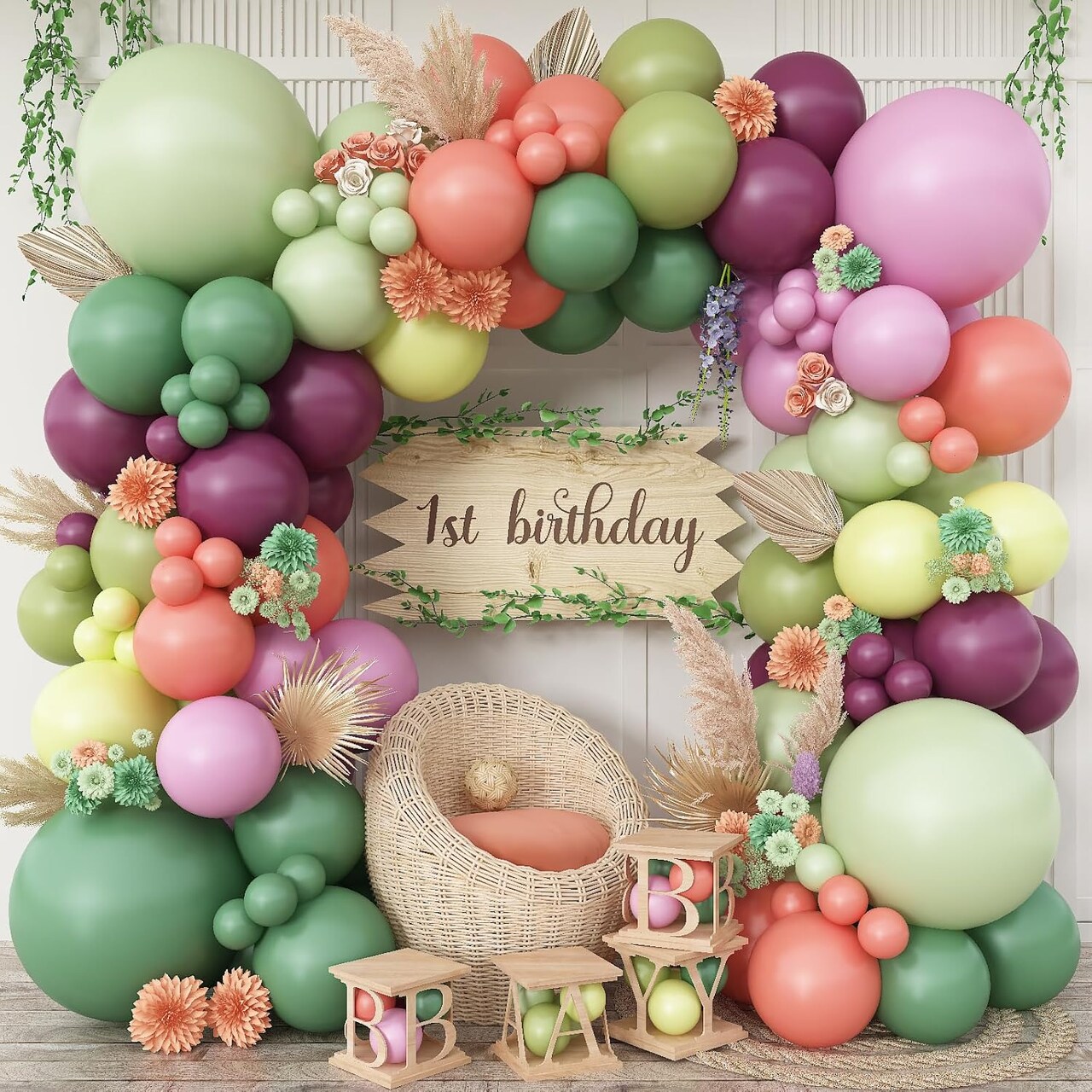 Pink and Green Balloons Arch Double Stuffed (	Pink Green Yellow) 18/12/10/5 Inch